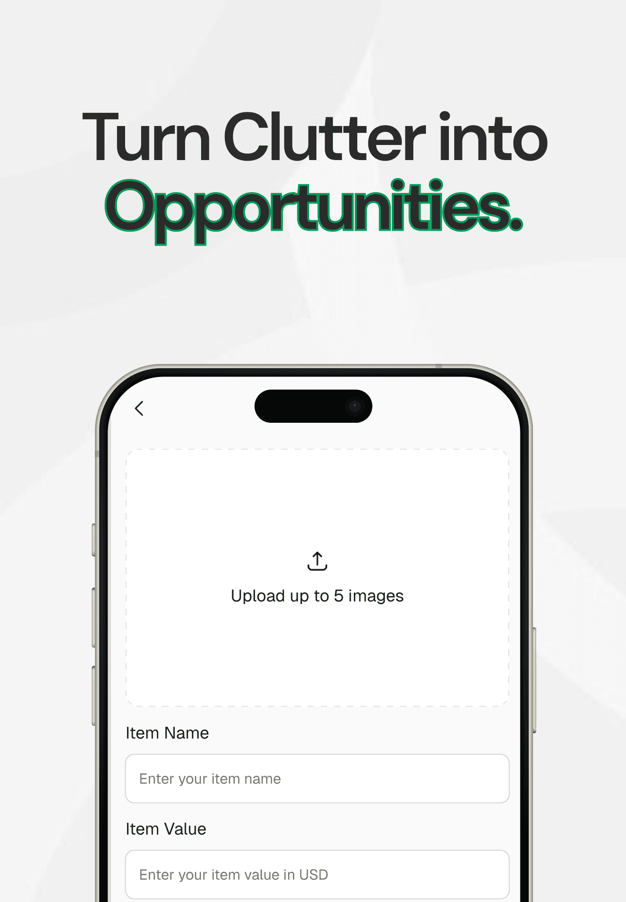 Turn Clutter into Opportunities — phone showing add product form